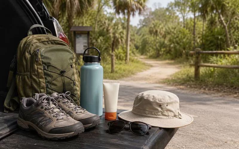 Hiking shoes, water bottle, sunscreen, sunglasses, hat, and backpack arranged at a Florida trailhead.