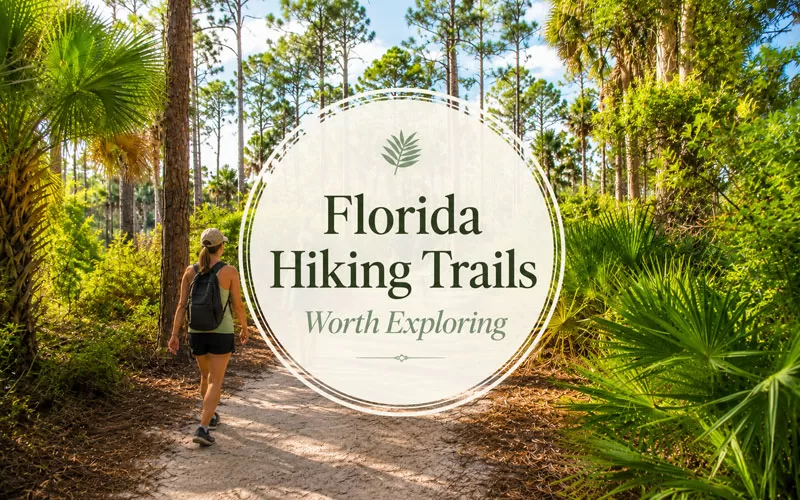 Florida hiking trail with hikers walking through palms and pine trees with a centered Florida Hiking Trails title graphic.