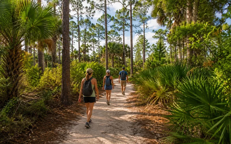 Three hikers walk along a shaded sandy trail surrounded by palms and pine trees in a scenic Florida forest.