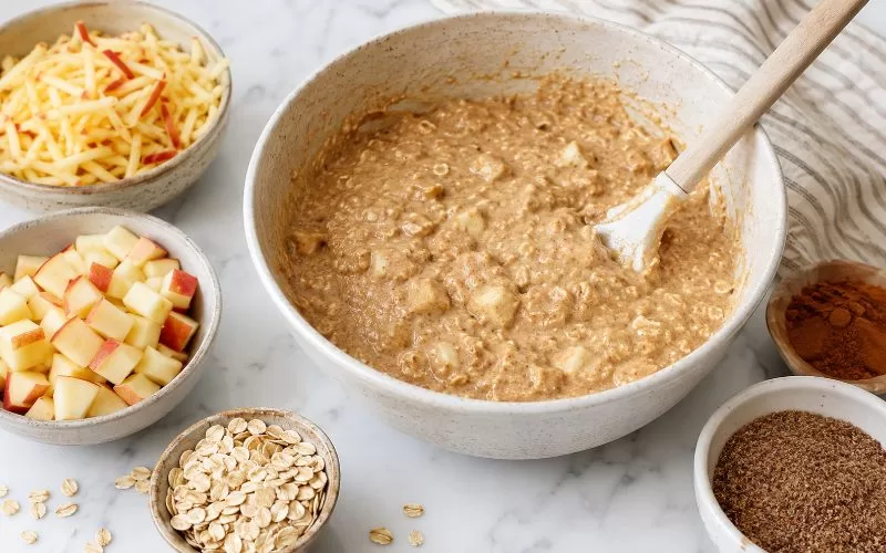 Apple cinnamon flaxseed muffin batter in a mixing bowl with shredded apple, diced apple, oats, cinnamon, and ground flaxseed nearby.
