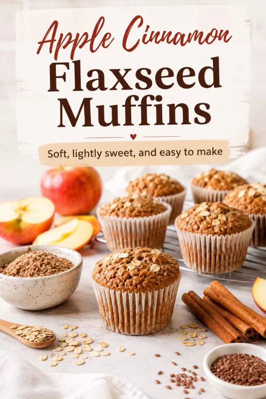 Apple cinnamon flaxseed muffins with apples, oats, cinnamon sticks, flaxseed, and promotional text for a soft, lightly sweet muffin recipe.
