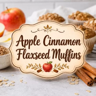 Apple cinnamon flaxseed muffins with apples, oats, cinnamon sticks, ground flaxseed, and centered decorative title text.