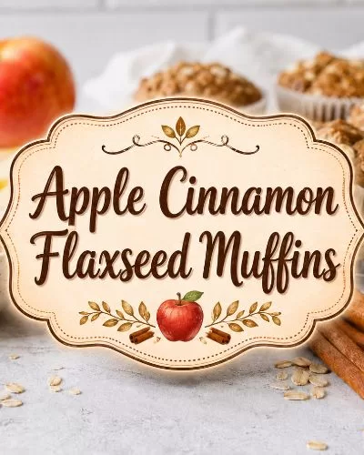 Apple cinnamon flaxseed muffins with apples, oats, cinnamon sticks, ground flaxseed, and centered decorative title text.