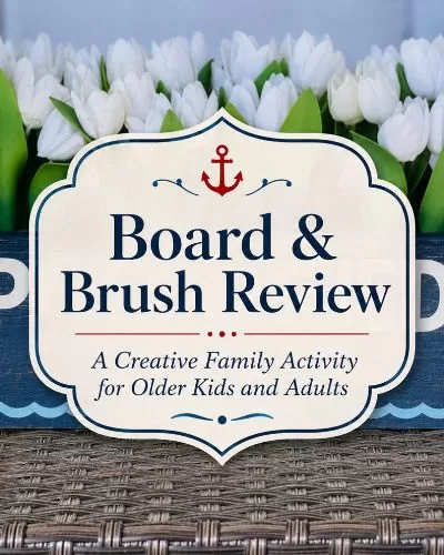 Poolside wooden flower box filled with white tulips with centered title text for a Board & Brush review.