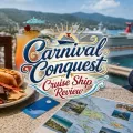 Cruise vacation table with food, tropical drink, sunglasses, travel map, and centered Carnival Conquest Cruise Ship Review title text.
