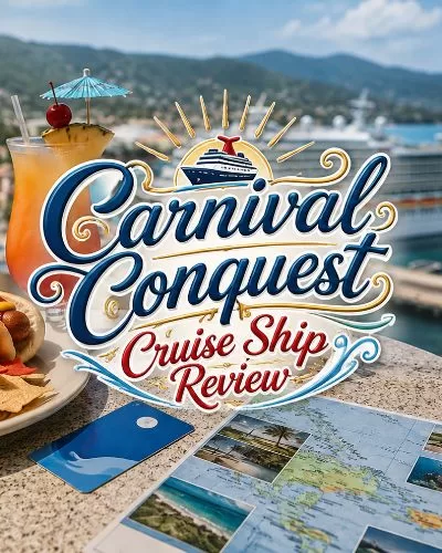Cruise vacation table with food, tropical drink, sunglasses, travel map, and centered Carnival Conquest Cruise Ship Review title text.