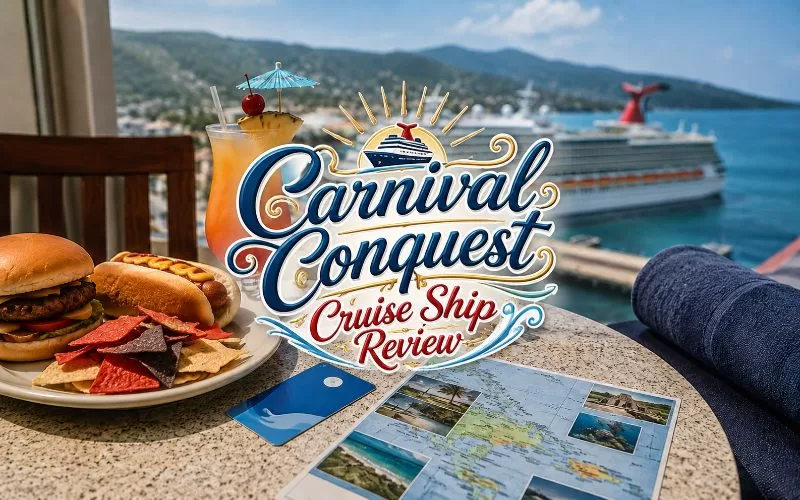 Cruise vacation table with food, tropical drink, sunglasses, travel map, and centered Carnival Conquest Cruise Ship Review title text.
