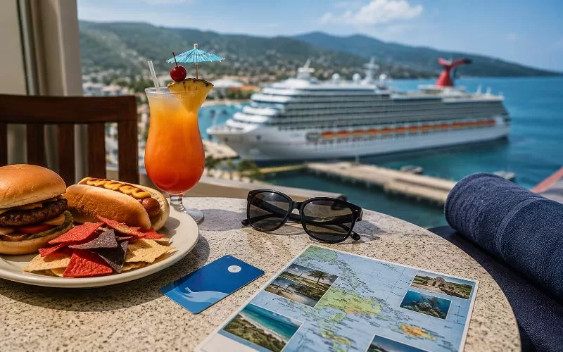 Cruise vacation table with casual food, tropical drink, sunglasses, cruise card, map, and a cruise ship in the background.