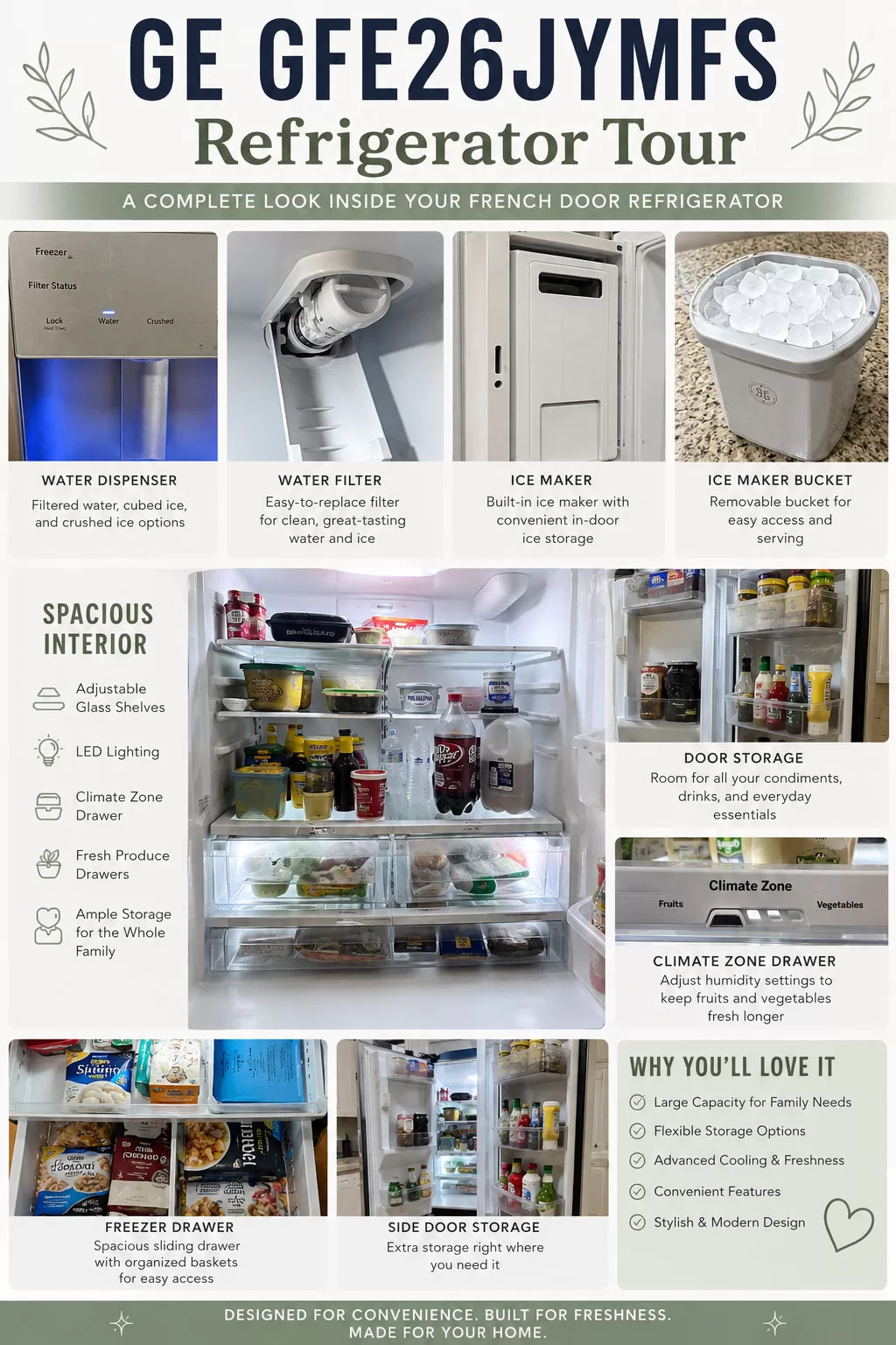 Pinterest-style collage featuring the GE GFE26JYMFS French door refrigerator with interior storage, freezer drawer, water dispenser, ice maker, and climate zone features