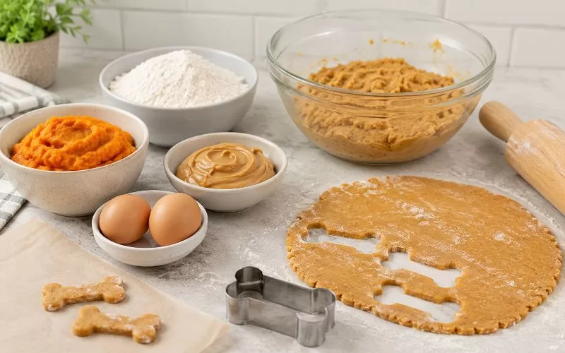 Ingredients and dough for homemade pumpkin peanut butter dog treats with pumpkin puree, peanut butter, eggs, flour, a rolling pin, and a dog bone cookie cutter.
