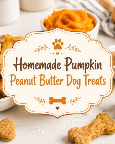 Homemade pumpkin peanut butter dog treats with pumpkin puree, peanut butter, a dog bone cookie cutter, and decorative title text.