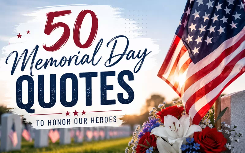 Patriotic Memorial Day graphic featuring American flags, flowers, and a tribute message honoring military heroes