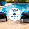Side-by-side comparison of the Dolphin Nautilus CC and Nautilus CC Plus robotic pool cleaners beside a backyard swimming pool.