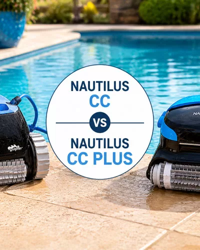 Side-by-side comparison of the Dolphin Nautilus CC and Nautilus CC Plus robotic pool cleaners beside a backyard swimming pool.