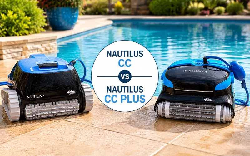 Side-by-side comparison of the Dolphin Nautilus CC and Nautilus CC Plus robotic pool cleaners beside a backyard swimming pool.