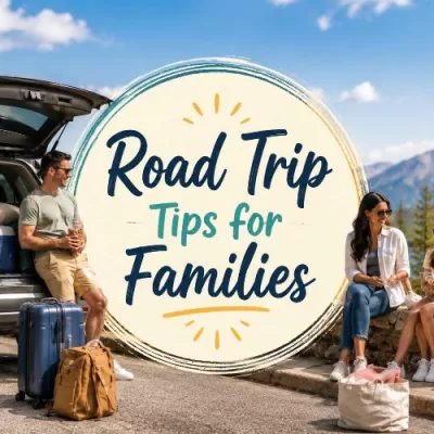 Road trip scene with a packed SUV, family, luggage, and centered text that says Road Trip Tips for Families.