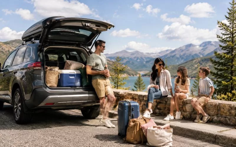 Family road trip stop with a packed SUV, luggage, cooler, and family sitting near a scenic mountain overlook.