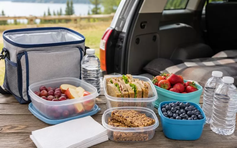 Road trip snacks packed in reusable containers with fruit, sandwiches, granola bars, water bottles, napkins, and a small cooler.