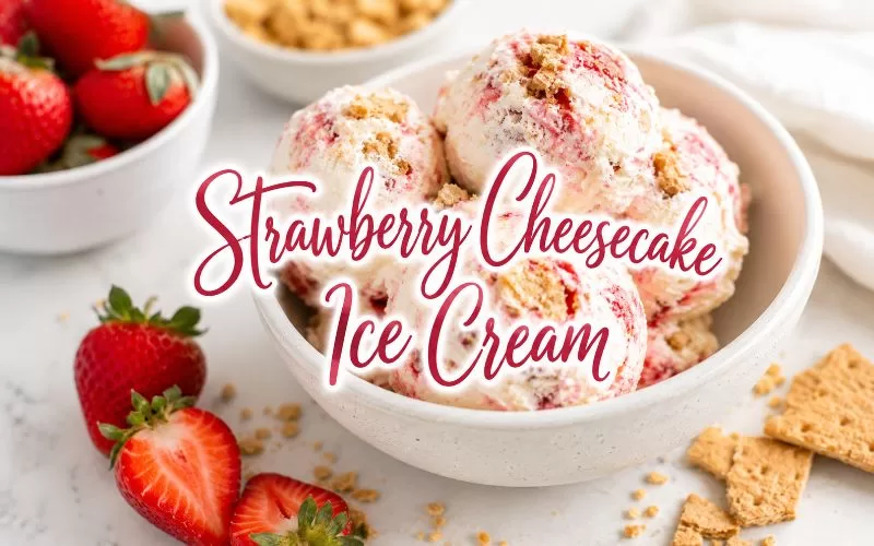 Bowl of strawberry cheesecake ice cream with fresh strawberries, graham cracker pieces, and decorative text that reads Strawberry Cheesecake Ice Cream.