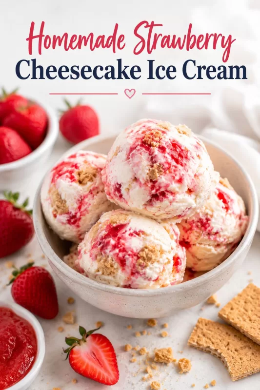Vertical image of strawberry cheesecake ice cream in a bowl with fresh strawberries, strawberry sauce, graham crackers, and promotional recipe text.