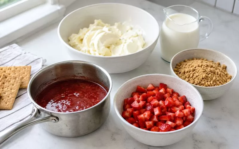 Diced strawberries, cooked strawberry sauce, cream cheese, heavy cream, and graham cracker crumbs arranged on a light kitchen counter.