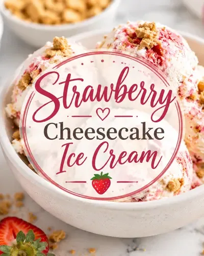 Bowl of strawberry cheesecake ice cream with fresh strawberries, graham cracker pieces, and decorative text that reads Strawberry Cheesecake Ice Cream.