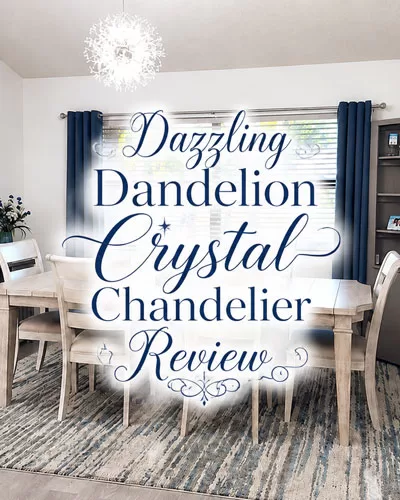 Crystal dandelion chandelier above an updated dining room with grey furniture, blue curtains, and elegant decor.