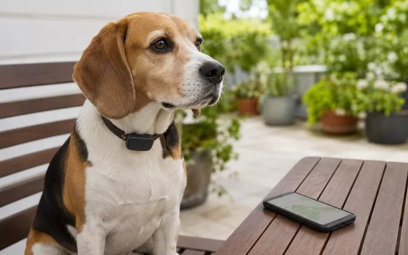 Beagle wearing a collar with a small GPS tracker while sitting near a smartphone showing a map-style screen.