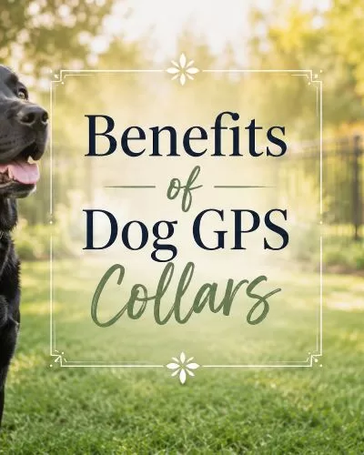 Black Labrador sitting outdoors beside decorative text that reads Benefits of Dog GPS Collars.
