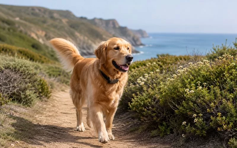 Golden retriever wearing a collar while walking along a sunny outdoor trail near a coastal landscape.