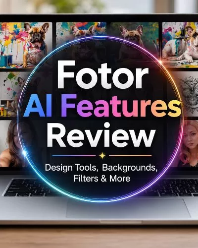 Laptop displaying creative AI design examples with a centered Fotor AI Features Review title overlay