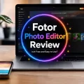 Laptop displaying colorful photo editing examples with a centered Fotor Photo Editor Review title overlay