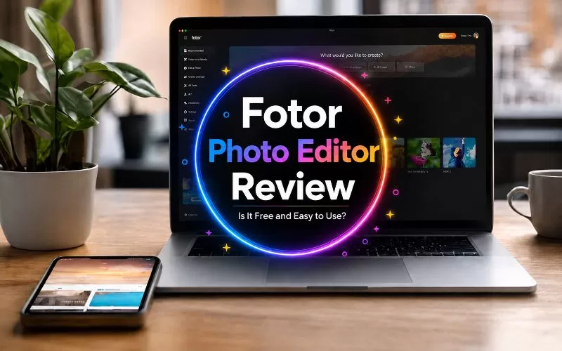 Laptop displaying colorful photo editing examples with a centered Fotor Photo Editor Review title overlay