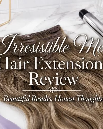 Caramel balayage clip-in hair extensions on a white marble vanity with a purple hairbrush, curling iron, and decorative review text.