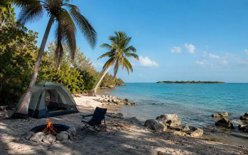 Tent campsite near turquoise water, palm trees, sandy shoreline, rocks, and a calm sunny sky.