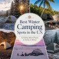 Collage of winter camping landscapes with snowy mountains, tropical coastline, desert campsites, pale dunes, and a misty forest with centered title text.