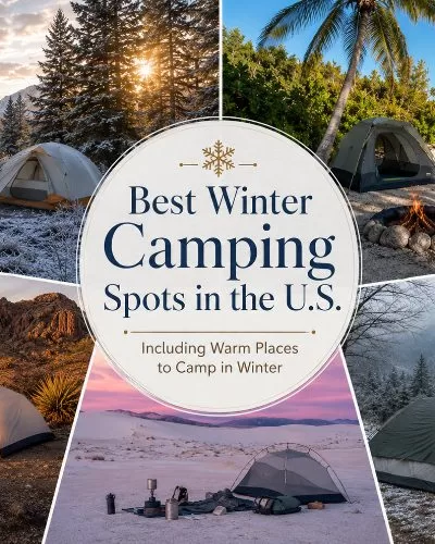 Collage of winter camping landscapes with snowy mountains, tropical coastline, desert campsites, pale dunes, and a misty forest with centered title text.