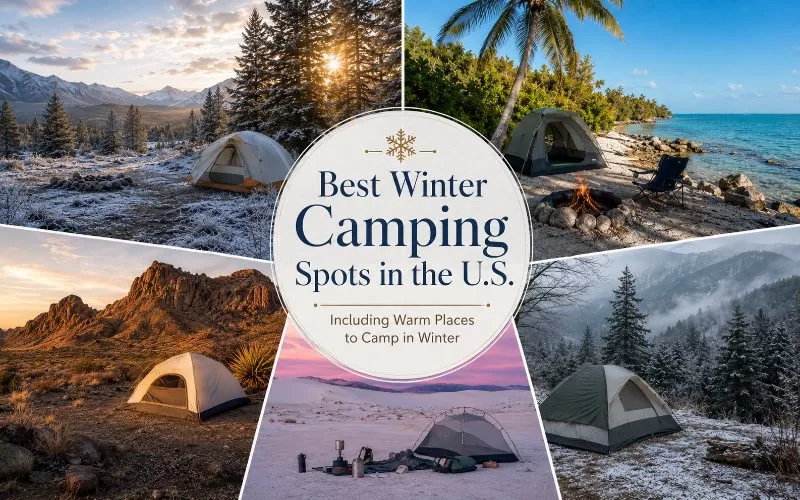 Collage of winter camping landscapes with snowy mountains, tropical coastline, desert campsites, pale dunes, and a misty forest with centered title text.