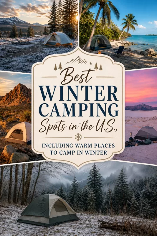 Vertical collage of winter camping landscapes with title text about the best winter camping spots in the U.S. and warm places to camp in winter.