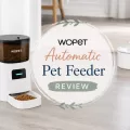 WOPET automatic pet feeder on grey wood flooring with decorative text that reads WOPET Automatic Pet Feeder Review.