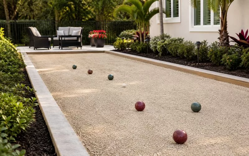 Backyard bocce court with bocce balls, tropical landscaping, patio seating, and a light-colored playing surface.