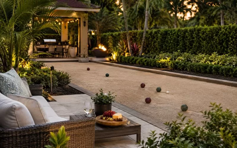 Evening backyard bocce court with outdoor seating, landscape lighting, tropical plants, and a small snack tray.
