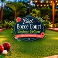 Backyard bocce court with colorful bocce balls, tropical plants, string lights, and decorative text about bocce court surface options.