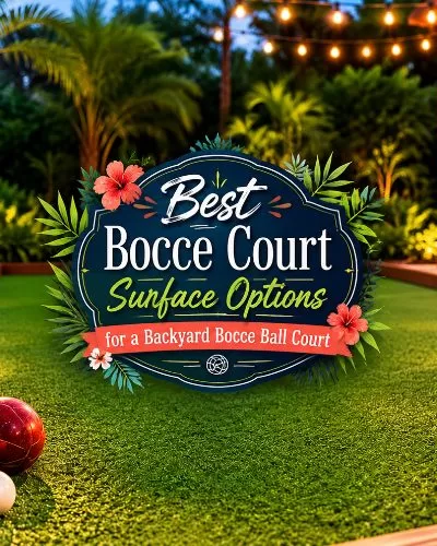 Backyard bocce court with colorful bocce balls, tropical plants, string lights, and decorative text about bocce court surface options.