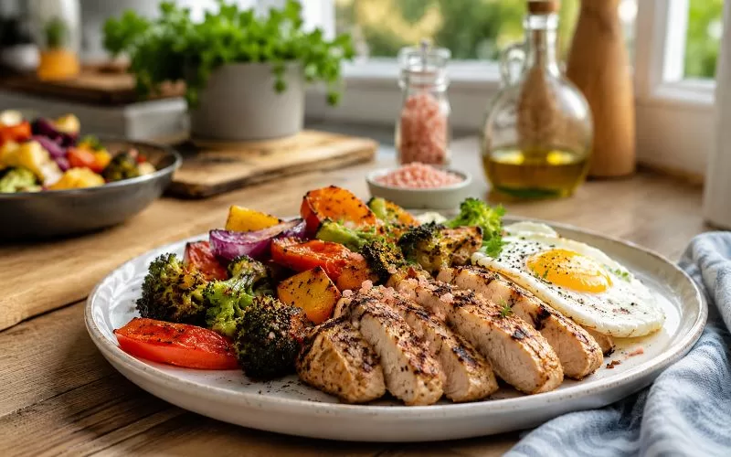 Grilled chicken, roasted vegetables, and a fried egg topped with pink Himalayan salt on a plate in a bright kitchen.
