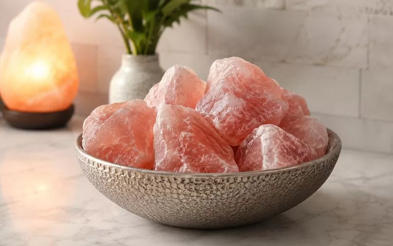 Large pink Himalayan salt chunks in a decorative bowl with a soft glowing salt lamp in the background.