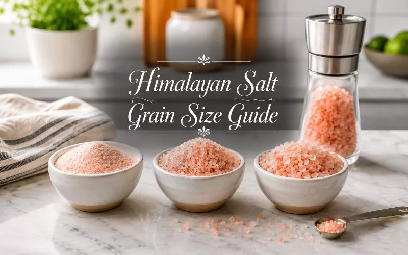 Bowls of different pink Himalayan salt grain sizes with a salt grinder on a bright kitchen counter.