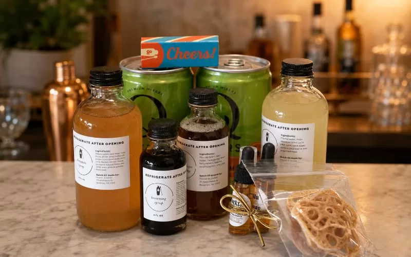 Shaker & Spoon cocktail ingredients arranged on a home bar counter with mixers, syrup bottles, bitters, and dried garnishes