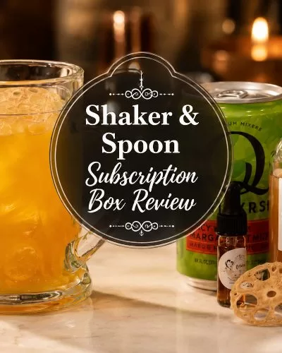 Orange craft cocktail with Shaker & Spoon mixer, syrup bottle, bitters, and dried garnish on a warm home bar counter