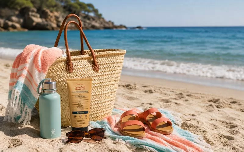 Straw beach tote with sunscreen, sunglasses, sandals, towel, and water bottle on the sand near calm blue water.